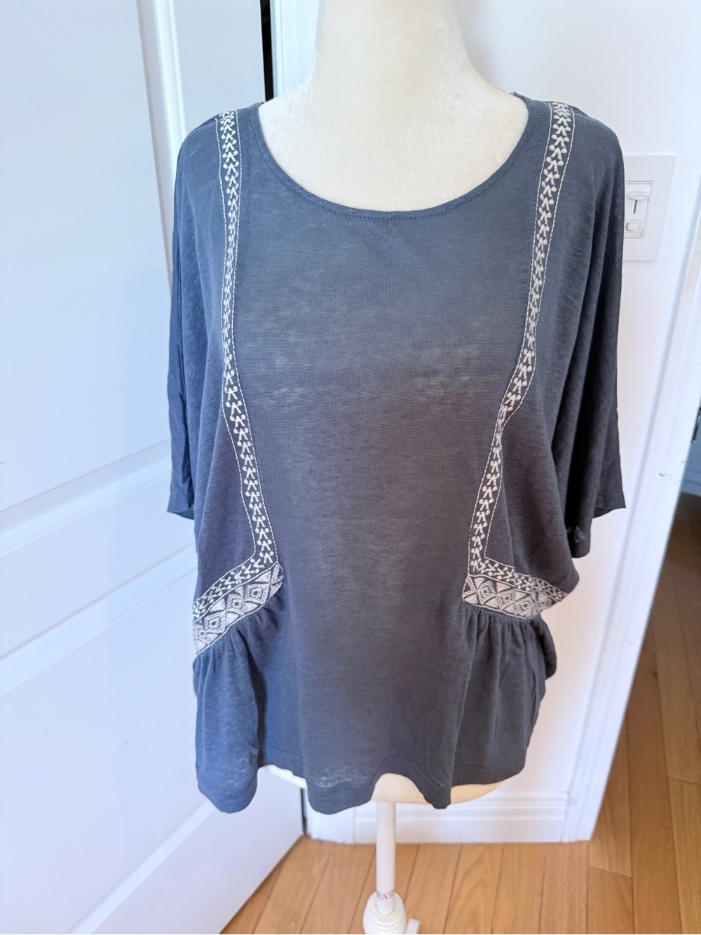 Embroidered Slate Scoop-Neck Tunic Top